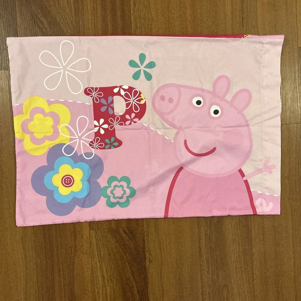 Peppa Pig Twin Sheet Set Flat Fitted Pillowcase 3 Pc Pink Kids Bedding EUC